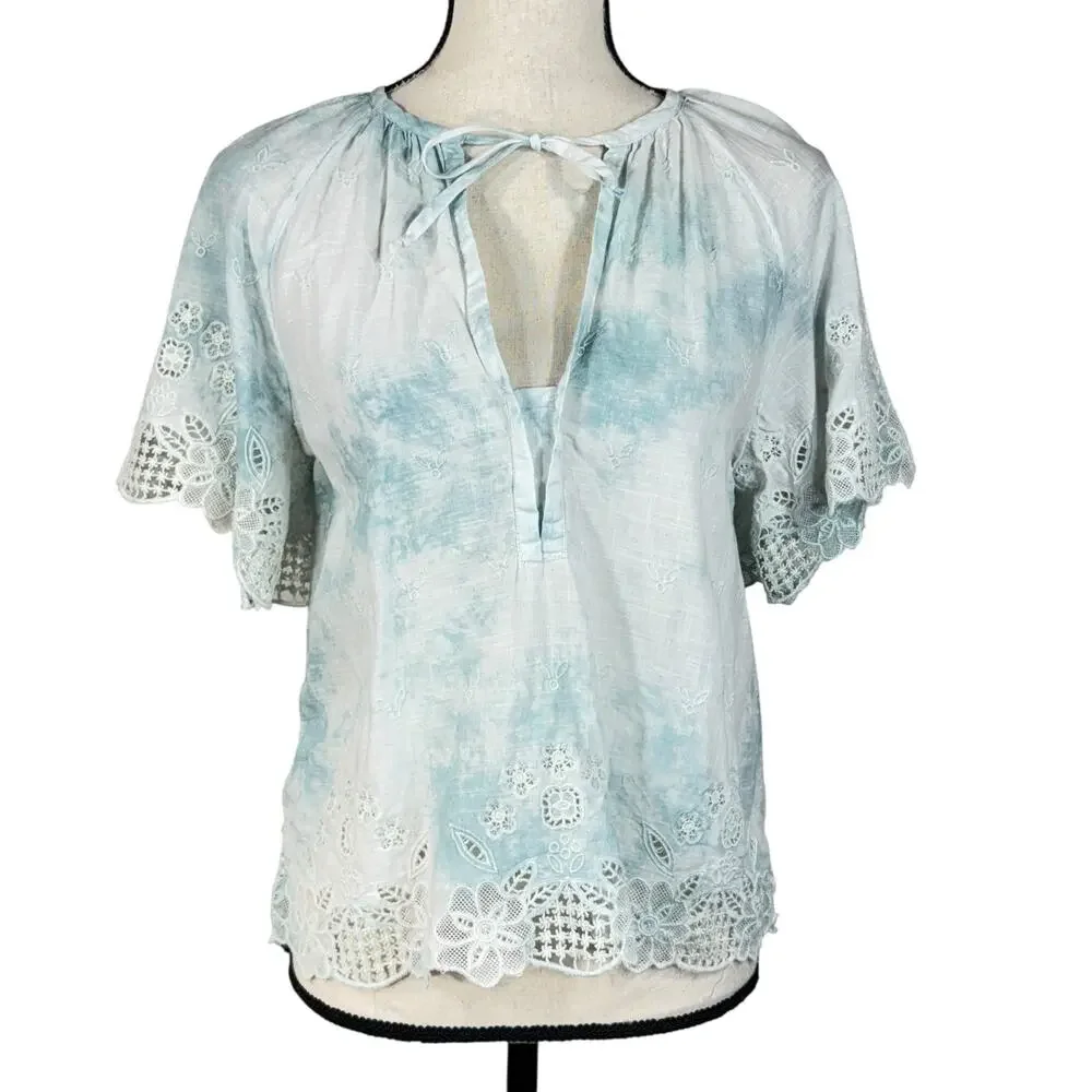 Anthropologie X-Small Top Tie-Dye Floral Embroidered Keyhole V-Neck Eyelet Lace